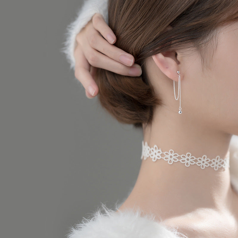 VOQ Silver Color Round Bead Chain Long Earrings Minimalist Textured Elegant Drop Earrings Female Jewelry Girls Gifts