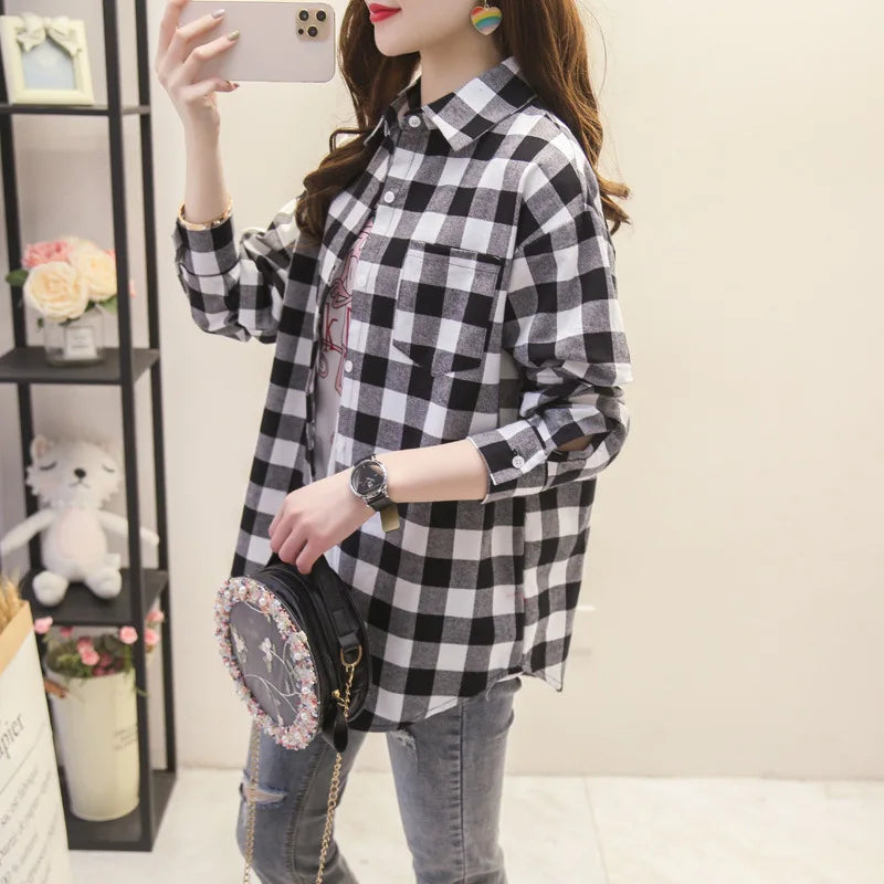 2025 New Fashion Loose Womens Plaid Shirt Fresh College Style Design Blouses And Tops Long Sleeve Casual Female Checked Clothes
