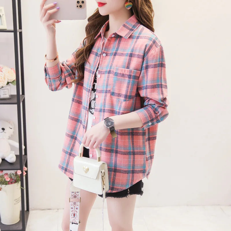 2025 New Fashion Loose Womens Plaid Shirt Fresh College Style Design Blouses And Tops Long Sleeve Casual Female Checked Clothes