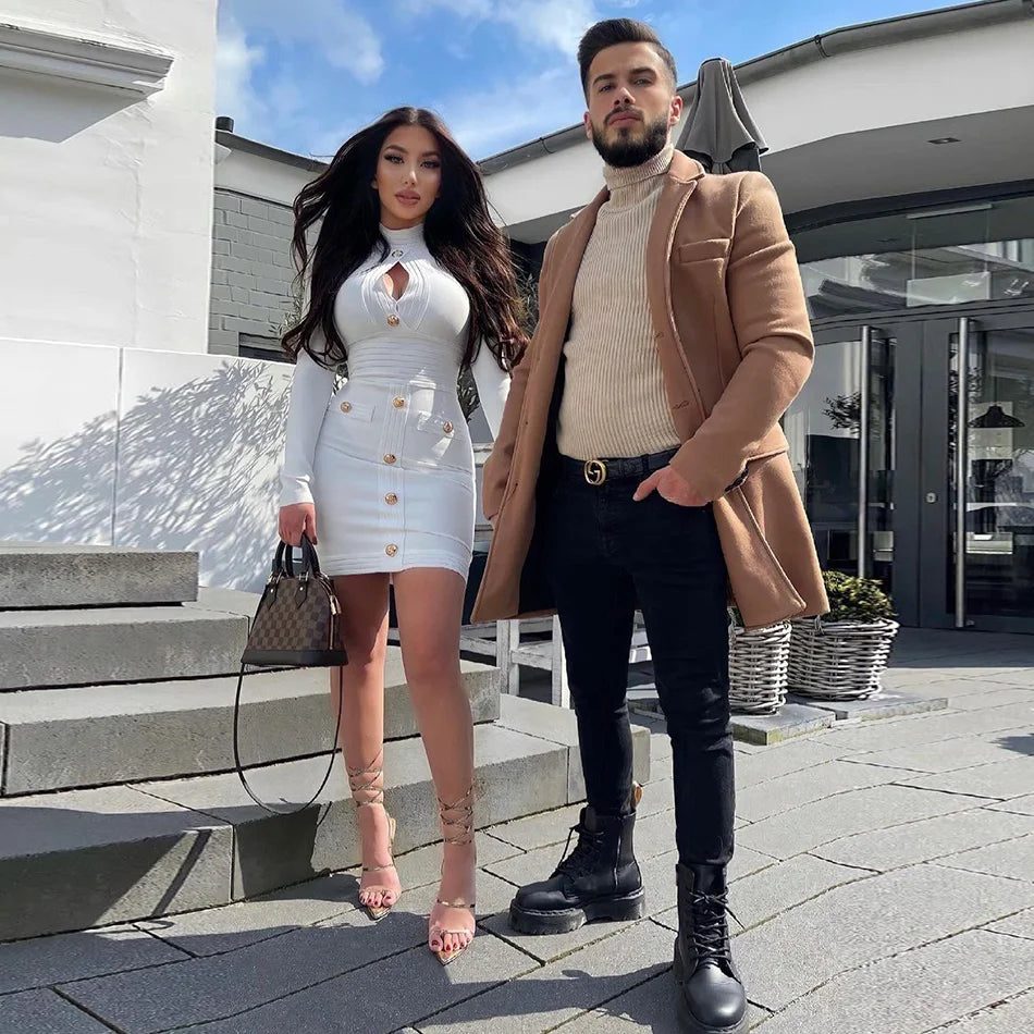 Women's Button Long Sleeve Hollow Out Bandage Dress Mini Black White Bodycon  Spring Elegant Sexy Club Evening Party Dresses