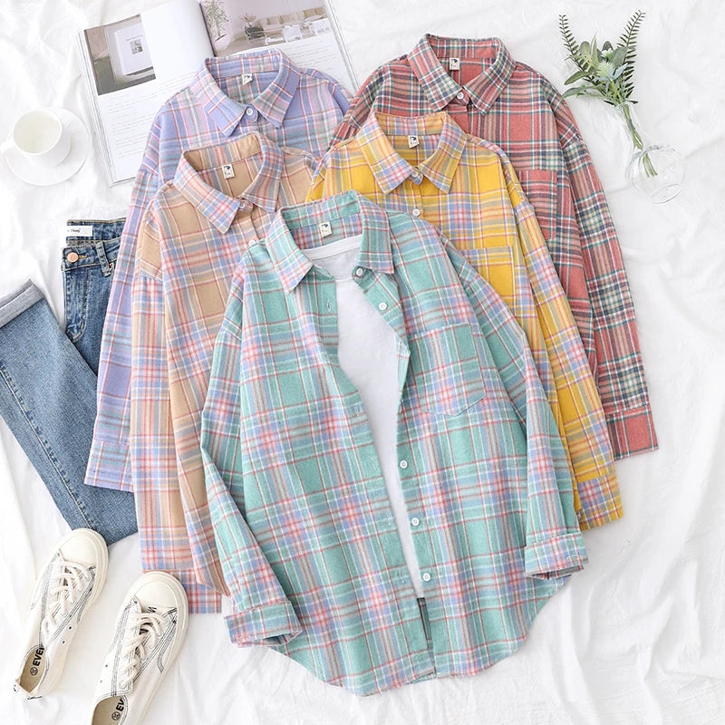 2025 New Fashion Loose Womens Plaid Shirt Fresh College Style Design Blouses And Tops Long Sleeve Casual Female Checked Clothes