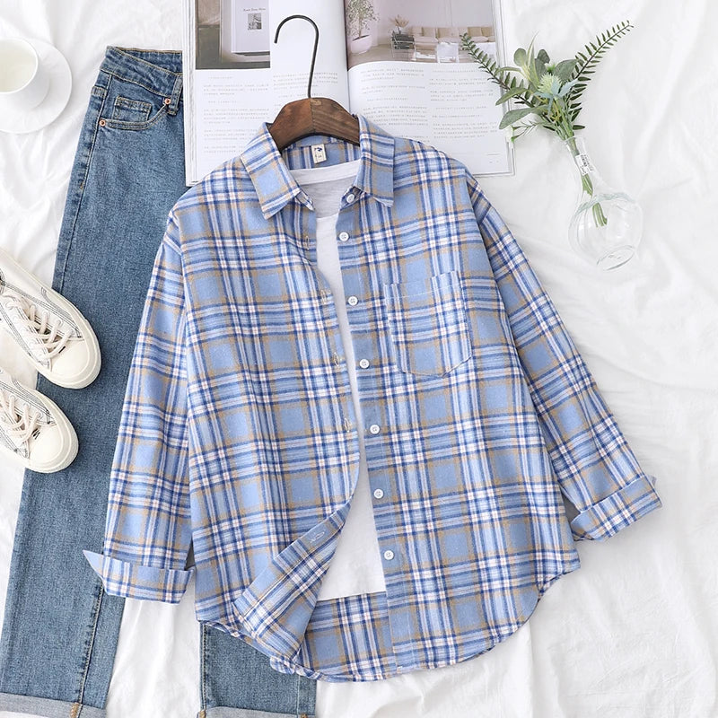 2025 New Fashion Loose Womens Plaid Shirt Fresh College Style Design Blouses And Tops Long Sleeve Casual Female Checked Clothes