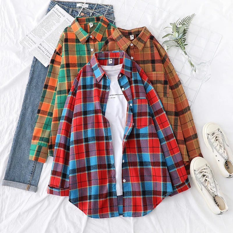 2025 New Fashion Loose Womens Plaid Shirt Fresh College Style Design Blouses And Tops Long Sleeve Casual Female Checked Clothes