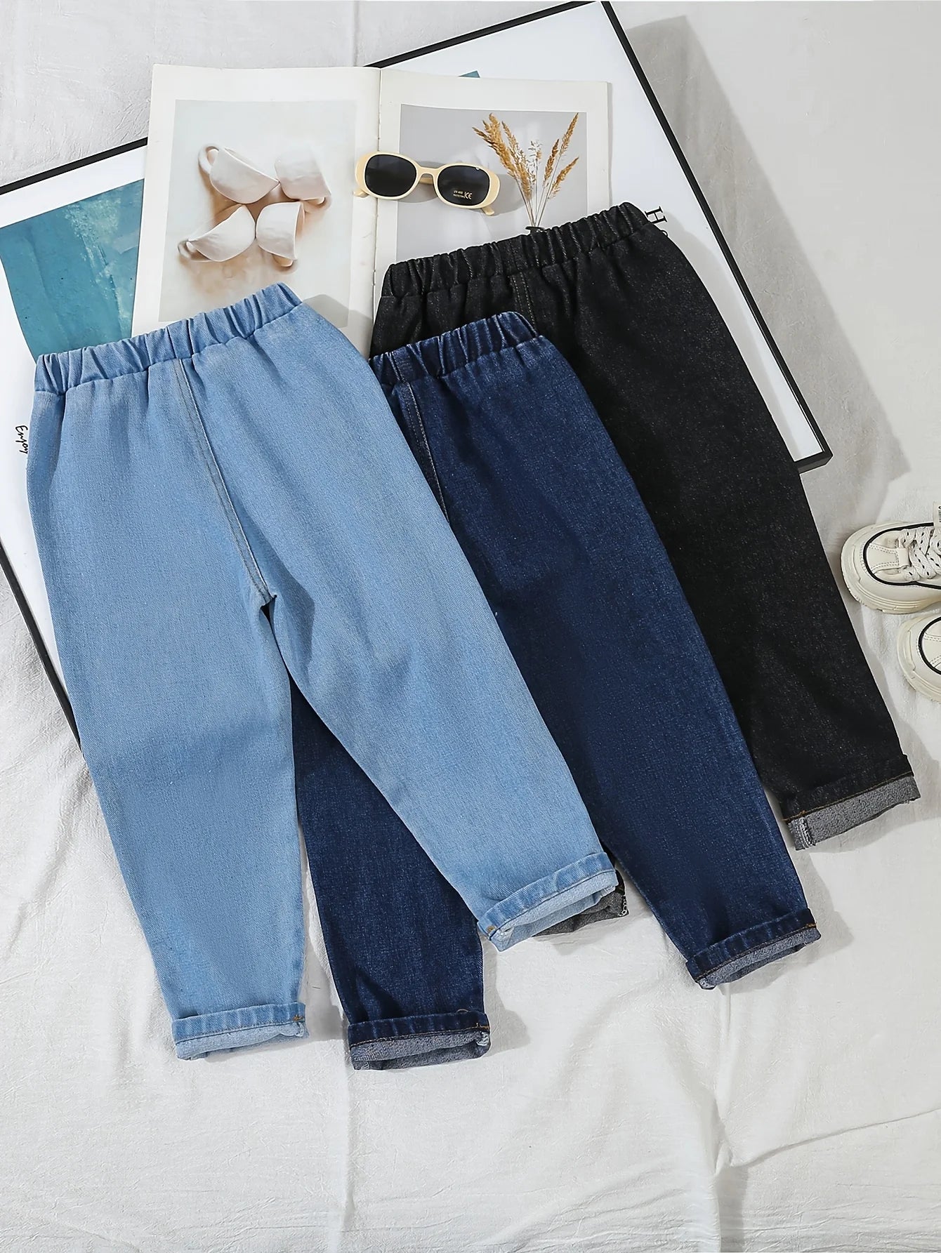 A 3-Piece Set Of Outdoor Casual Denim Pants For Boys, Fashionable Street Retro Washed Denim Ripped Pants