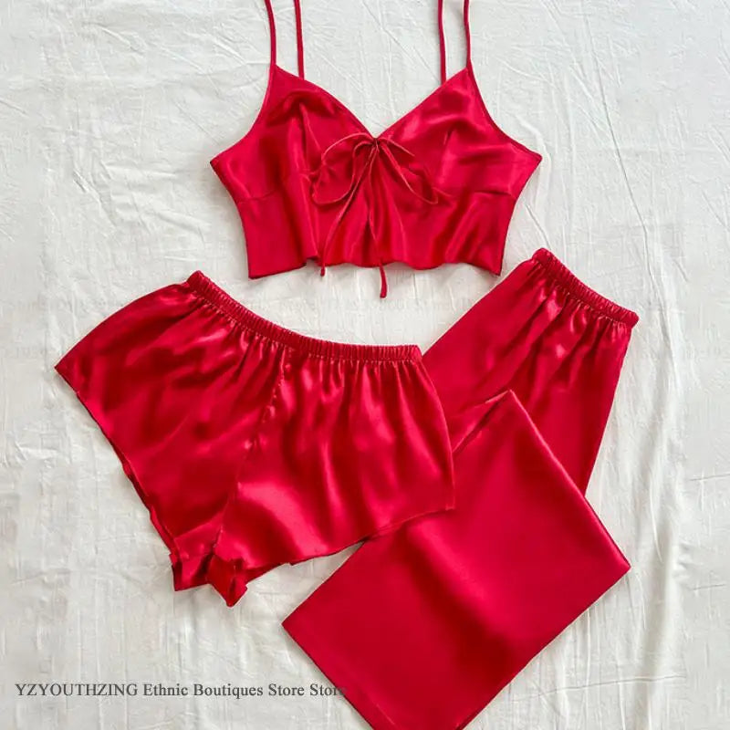 Summer New Women's Sleepwear 3PCS Pajamas Set Sexy Strap Top&shorts Trouser Suits Loungewear Ice Silk Lingerie Home Clothes