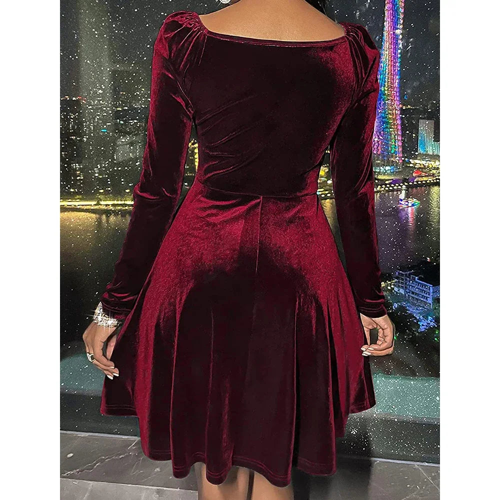 Women's Dresses Autumn Winter Decent Plain Long Sleeve Plunge Neck Nipped Waists Mini A-Line Party Dresses