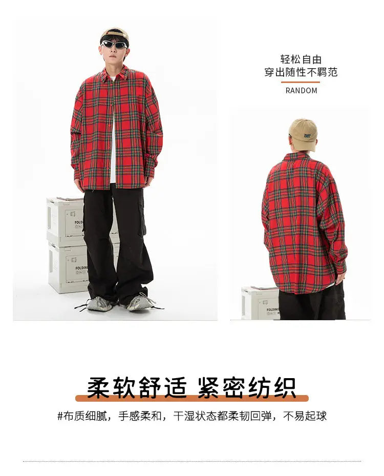 Plaid Shirt with Long Sleeves, Loose Fit, for Casual Men, Harajuku Style, Spring and Autumn Brushed Cotton Shirt.Oversized