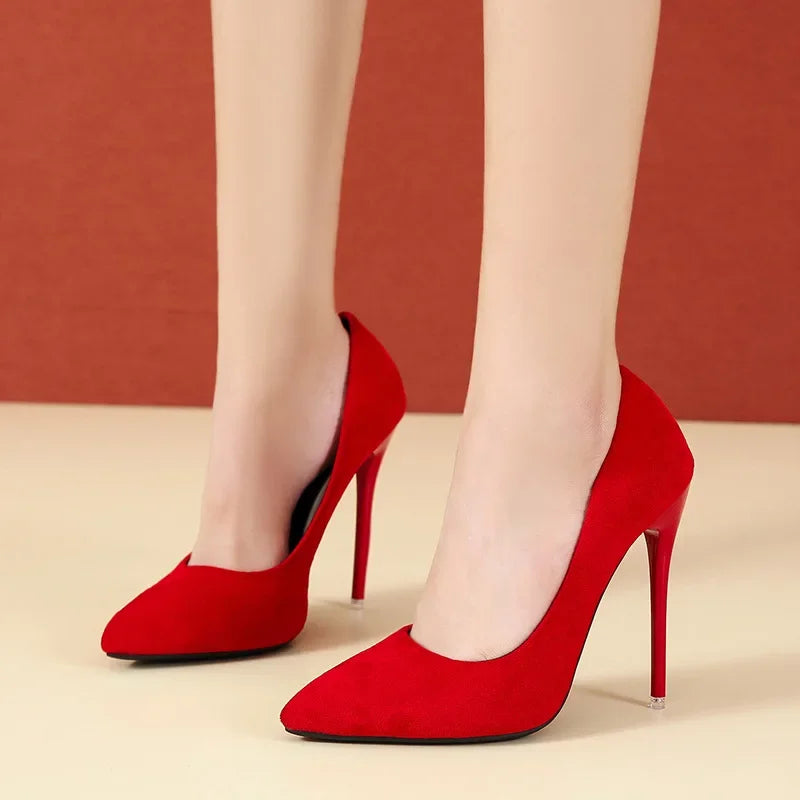 Big Size 35-45 women's shoes 2024 concise flock high heels women pumps pointed toe classic red gray ladies wedding shoes office