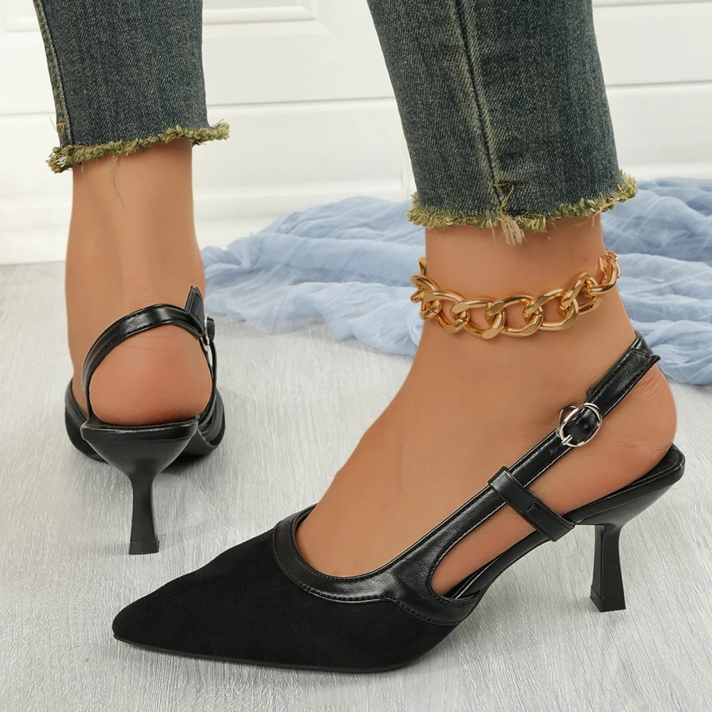 Women Sandals Satin Pointed Back Empty Women Shoes 2025 Summer One-word Buckle Sexy High Heels Women Sandalias Mujer Zapatos