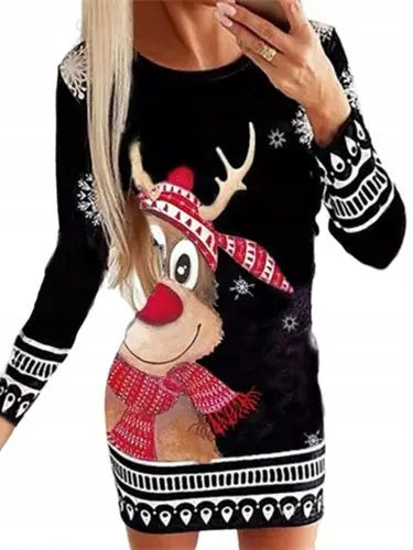 Black White Snowflake Deer Pattern Women's Dress Autumn Winter Sext Long Sleeve Bodycon Mini Dress Elegant Red Christmas Dresses