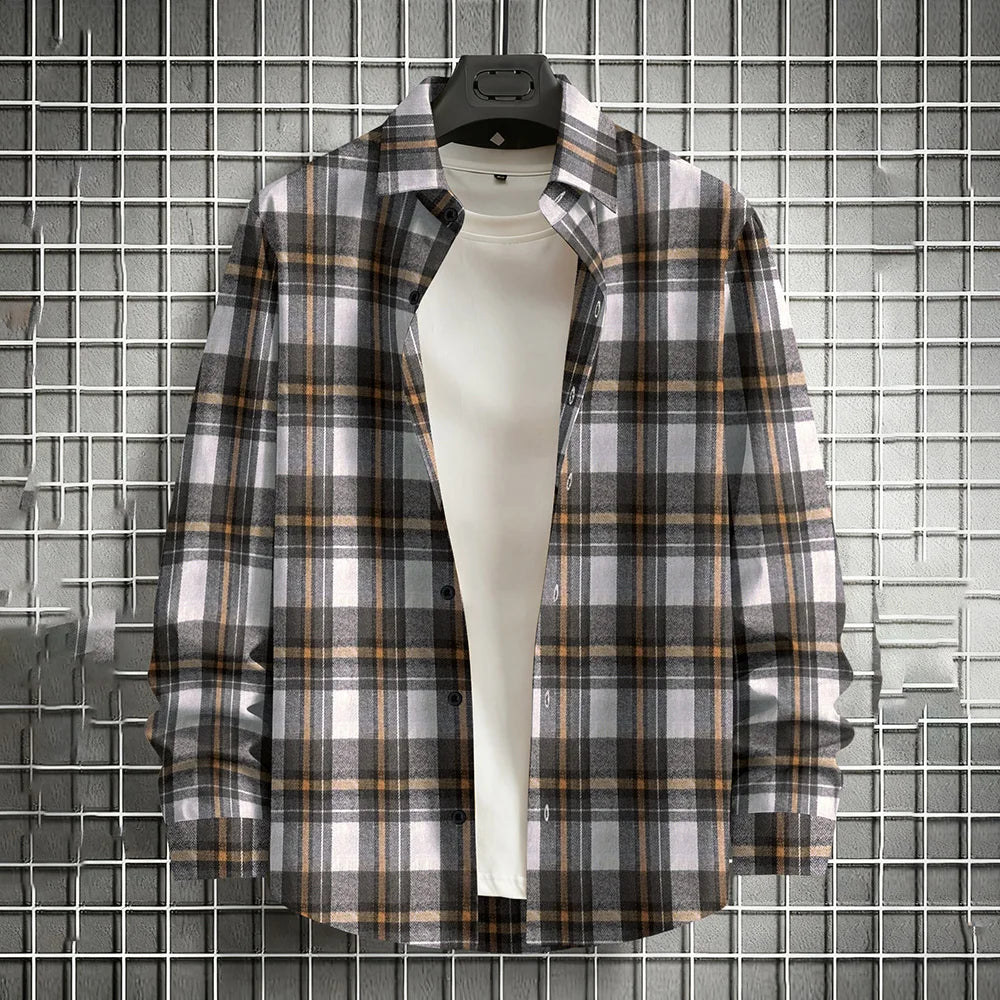 Men's Spring Autumn Plaid Button Down Shirt Long Sleeve Casual Open Front Cardigan Fashion Loose Fit Top