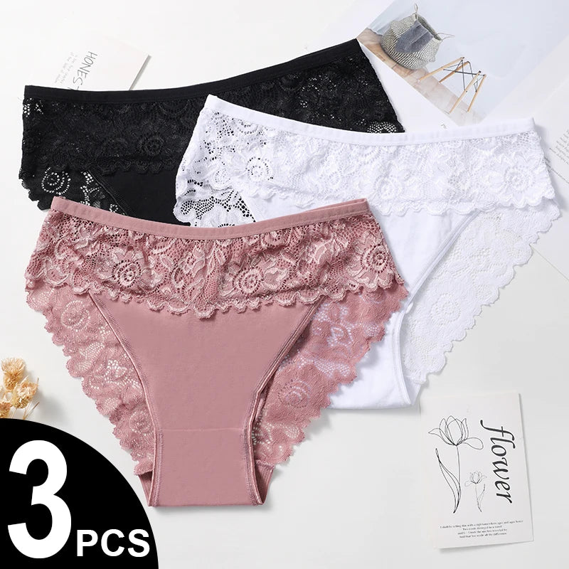 3PCS/Set Lace Cotton Patchwork Panties Women Briefs Solid Color Floral Embroidery Women Briefs Sexy Female Underwear Lingerie
