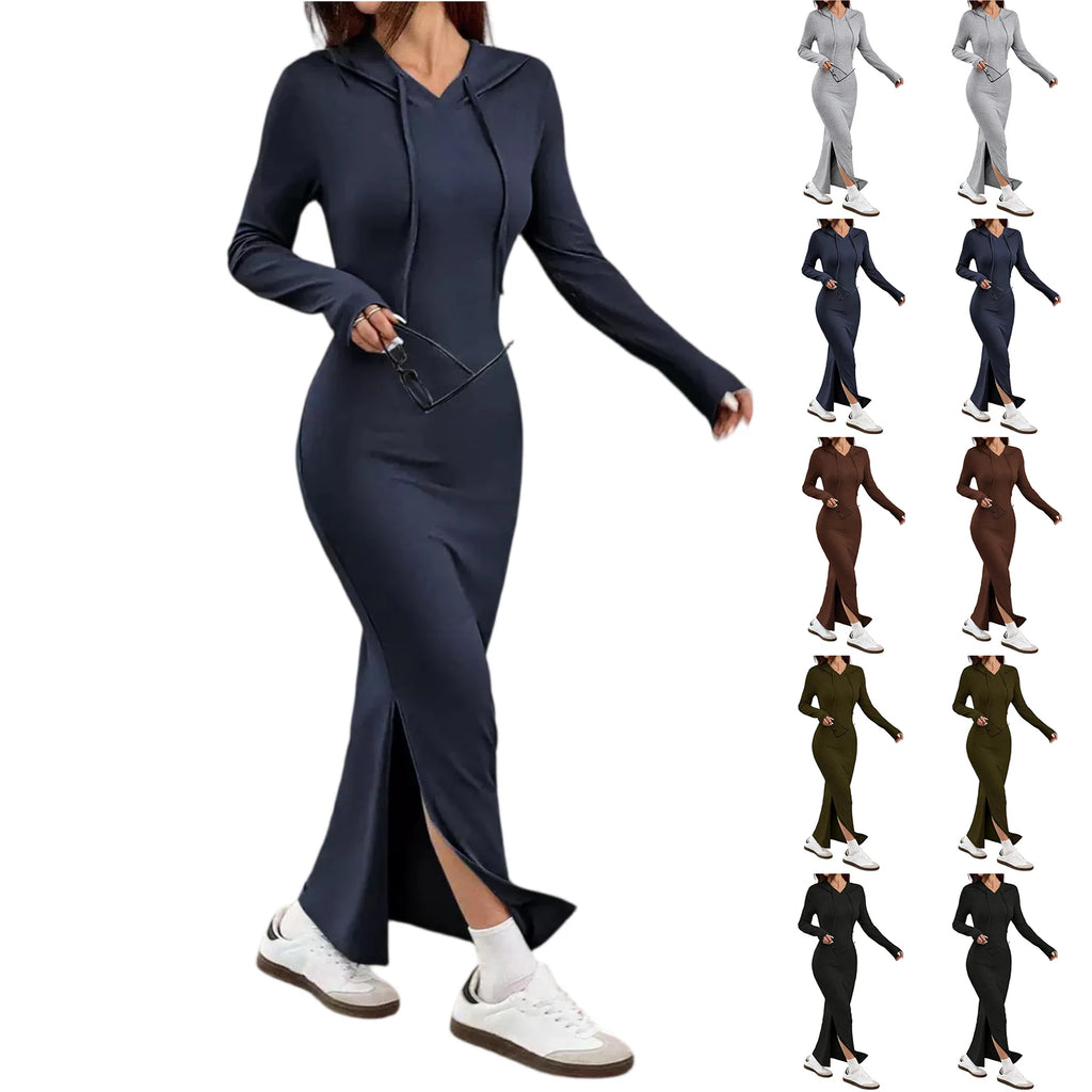 Women's Long Dress High Waisted Slim Fitting Pencil Skirt Bodysuit Fashion Long Dress Casual Dresses Sweatshirt Hooded Dress