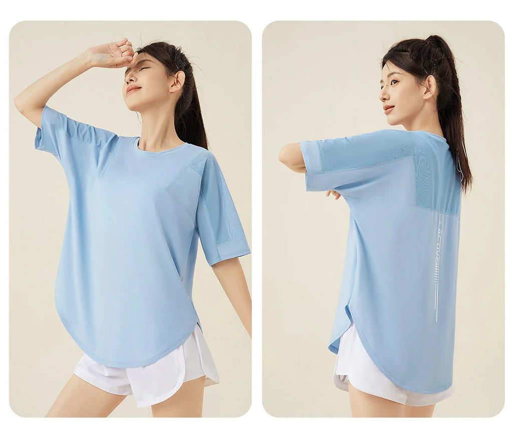 Yoga Clothes Women's Running and Fitness Clothes Hip Covering Long Sports T-shirt Loose Plus Size Short Sleeved Sports Top