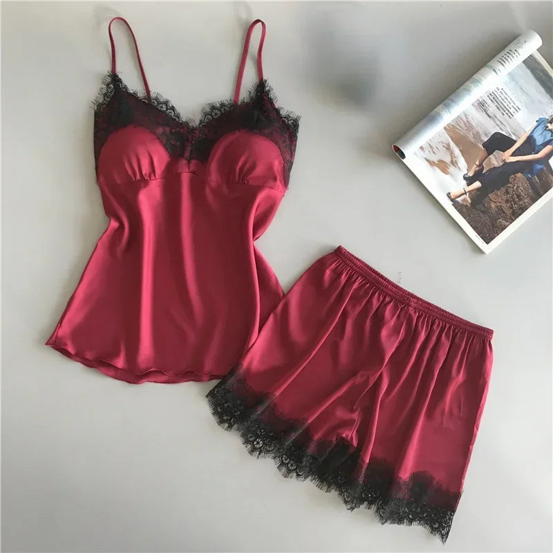 Sexy Lace Pajamas Suit Women V-Neck Sleepwear Lingerie Home Wear Nightwear Summer Casual Suspender Nighties Lounge Sets Clothes