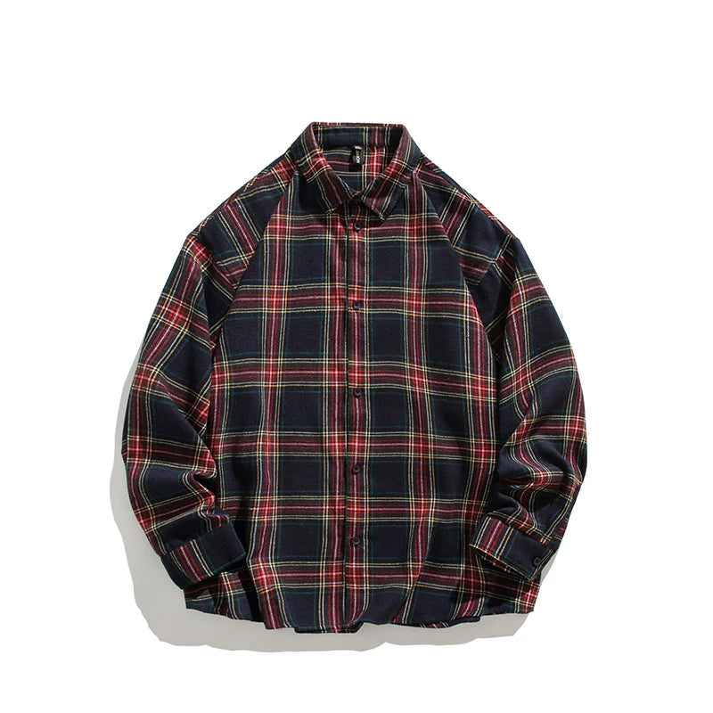 Plaid Shirt with Long Sleeves, Loose Fit, for Casual Men, Harajuku Style, Spring and Autumn Brushed Cotton Shirt.Oversized