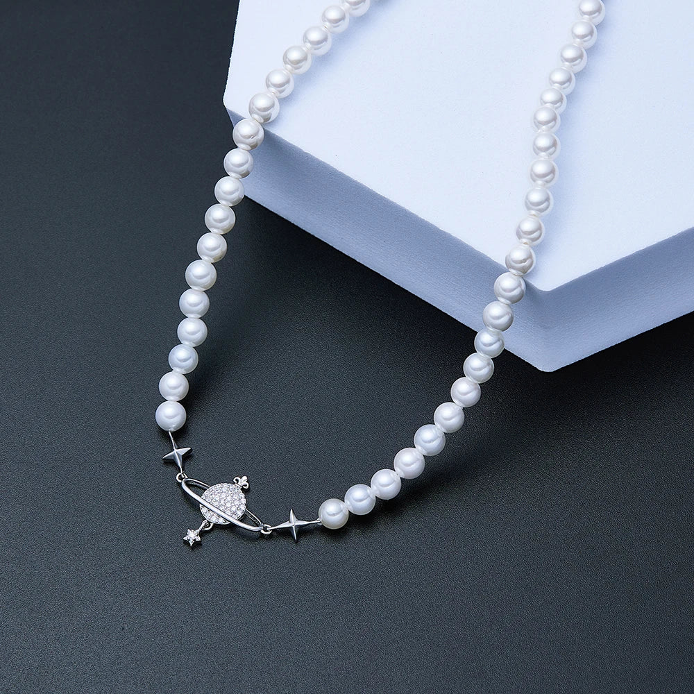 100% 925 Sterling Silver Pearl Shell Necklace Choker For Women Saturn Pearl Necklace Stereoscopic Saturn Pendant Pearls Choker
