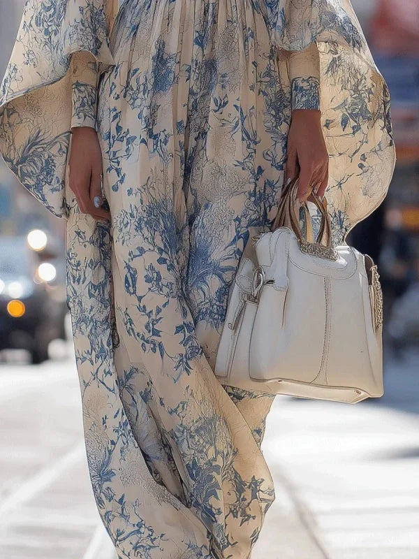 Tinaa Sky Blue Flower Print Long Dresses for Women 2026 Spring Summer New Loose Fit Batwing Sleeve O Neck Elegant Dress 196197