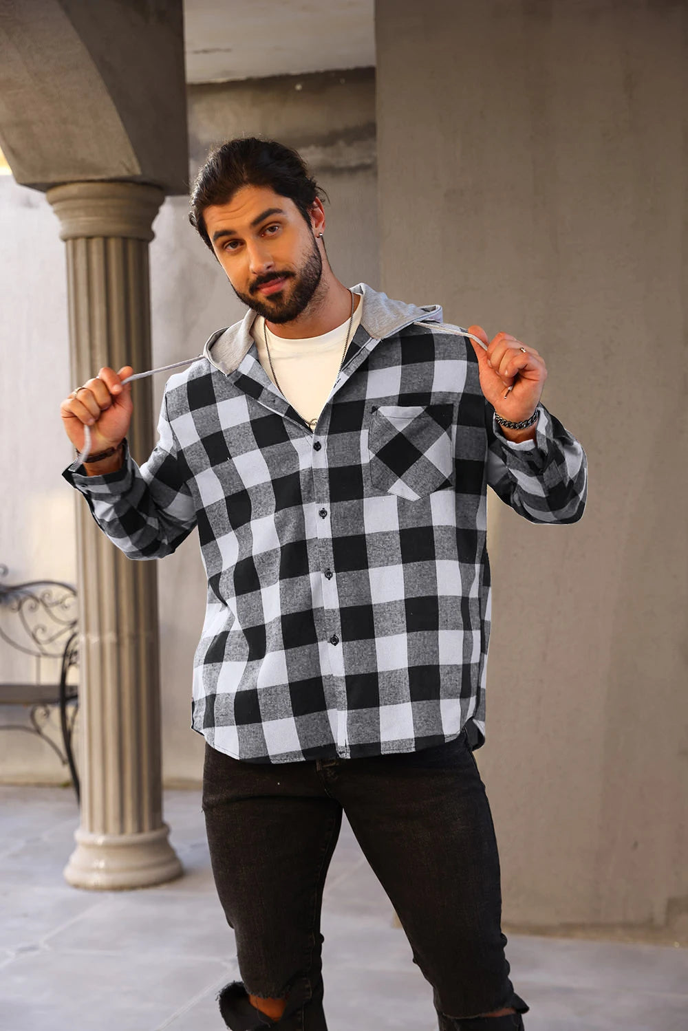 Mens Colorful Plaid Hooded Cardigan Color Block Sweatshirt with Pockets Top Jacket