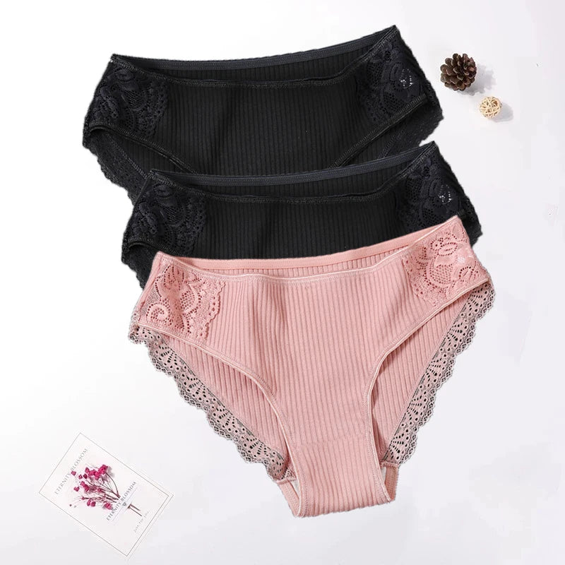 Floral Lace Cotton Women Panties Underwear Women Briefs Comfortable Female Underpants Solid Color Pantys Lingerie M-XXL 3PCS/Set