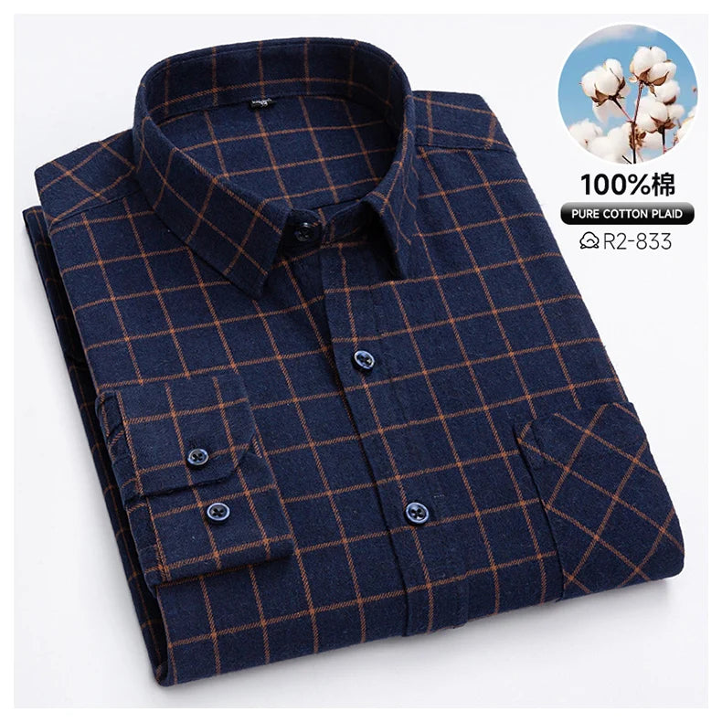 Pure Cotton Men's Plaid Shirts Long Sleeved Regular Fit Casual Office Fashion Shirts Leisure Autumn Male Check Blouses Plus Size