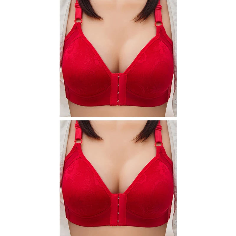 2pcs Womens Front Clasp Full Cup Bras No Steel Ring Support Lace Bralettes Large Size Mom Brassiere Comfort Ventilate Underwears