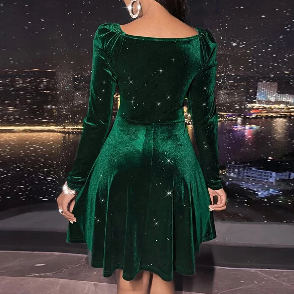 Women's Dresses Autumn Winter Decent Plain Long Sleeve Plunge Neck Nipped Waists Mini A-Line Party Dresses