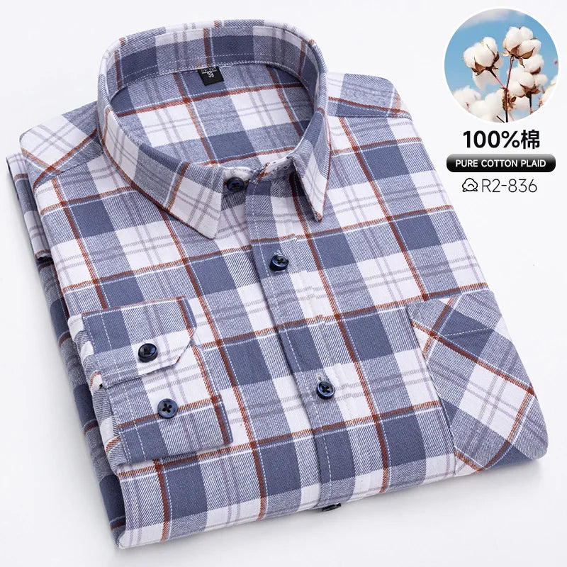 Pure Cotton Men's Plaid Shirts Long Sleeved Regular Fit Casual Office Fashion Shirts Leisure Autumn Male Check Blouses Plus Size