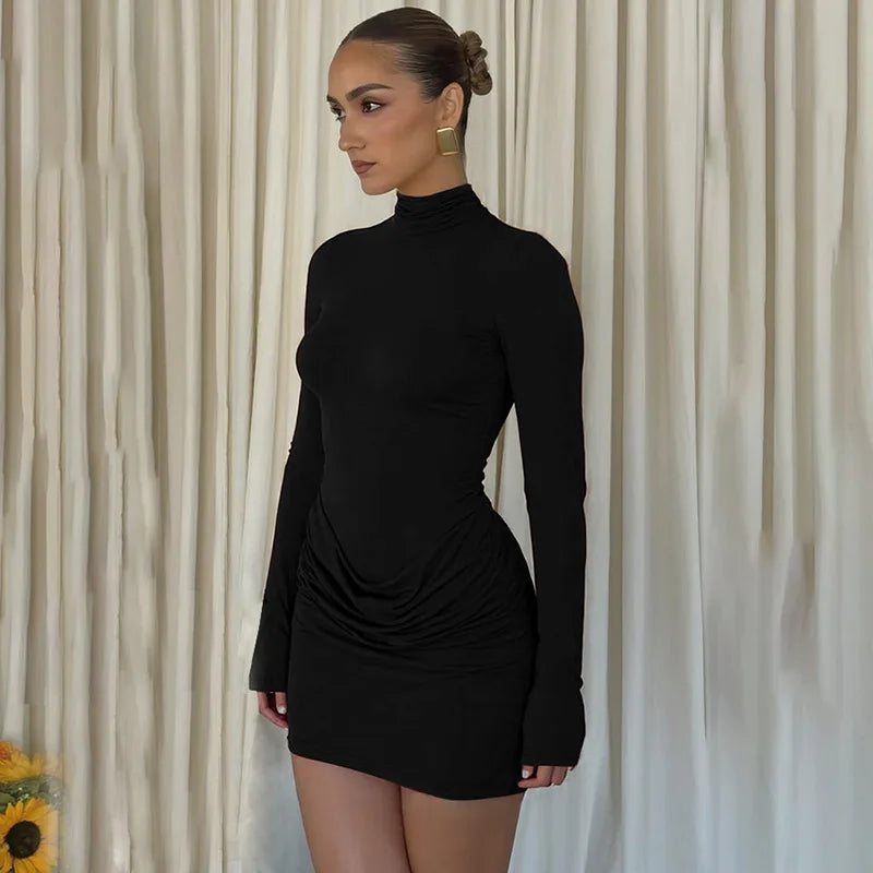Winter Women Sexy Solid Bodycon Mini Dress Turtleneck Pleated Long Sleeve Slim Vestidos Elegant High Waist Club Party Streetwear
