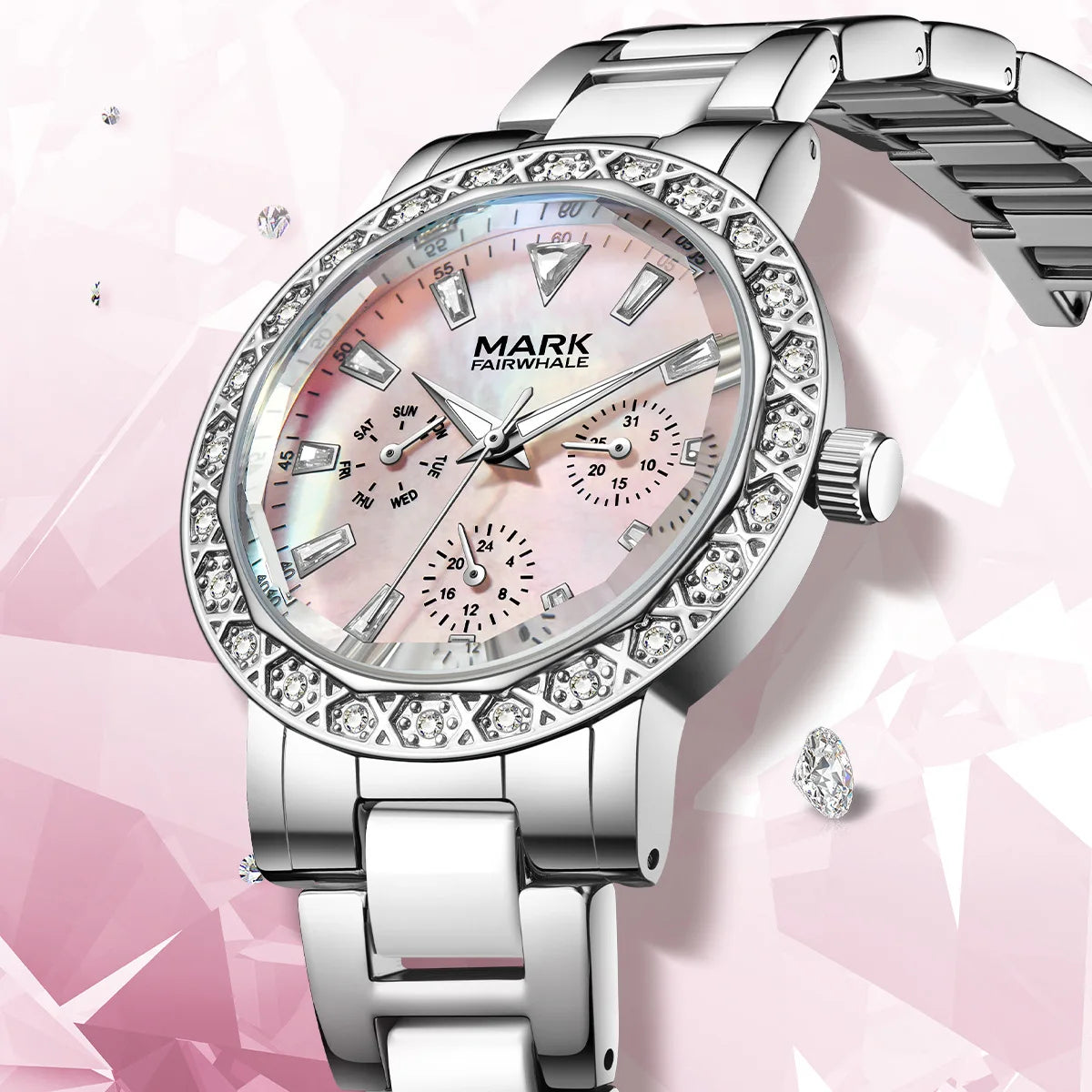 Mark Fairwhale Dress Pink Diamond Watch For Women Fashion Ceramic Chain Quartz Watch Luxury Brilliant Beimu Wristwatch Ladies