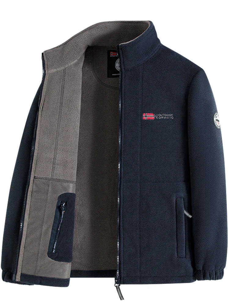 Navy Blue Fleece Zip - Up Jacket with Norwegian Flag and "Outdoor Norway" Embroidery