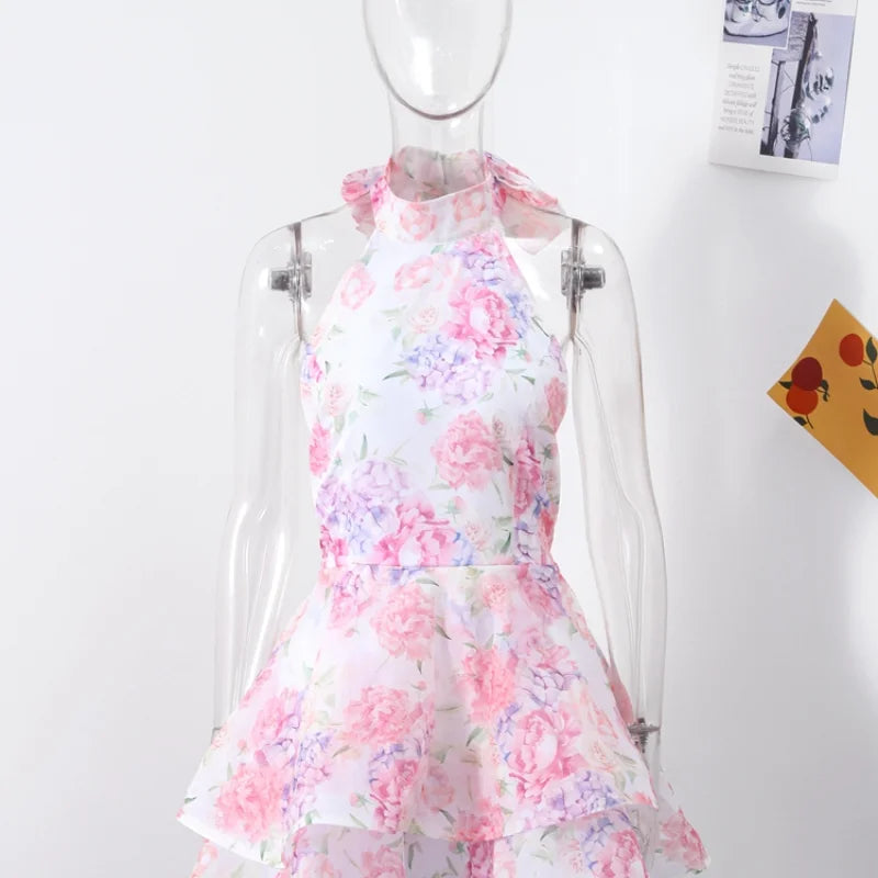 Chic Floral Printed Mini Dress Backless Sleeveless Hem Stacking Dresses Sweet A Line Vestidos 2025 New Lady Party Club Clothing