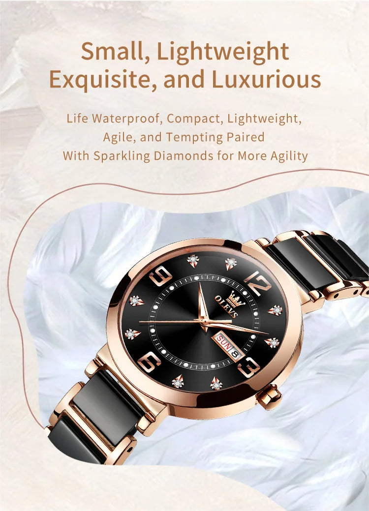 OLEVS New Ceramics Watchstrap Watch For Women Luxury Business Diamonds Wristwatch Fashion Waterproof Dual Calendar Woman Watches