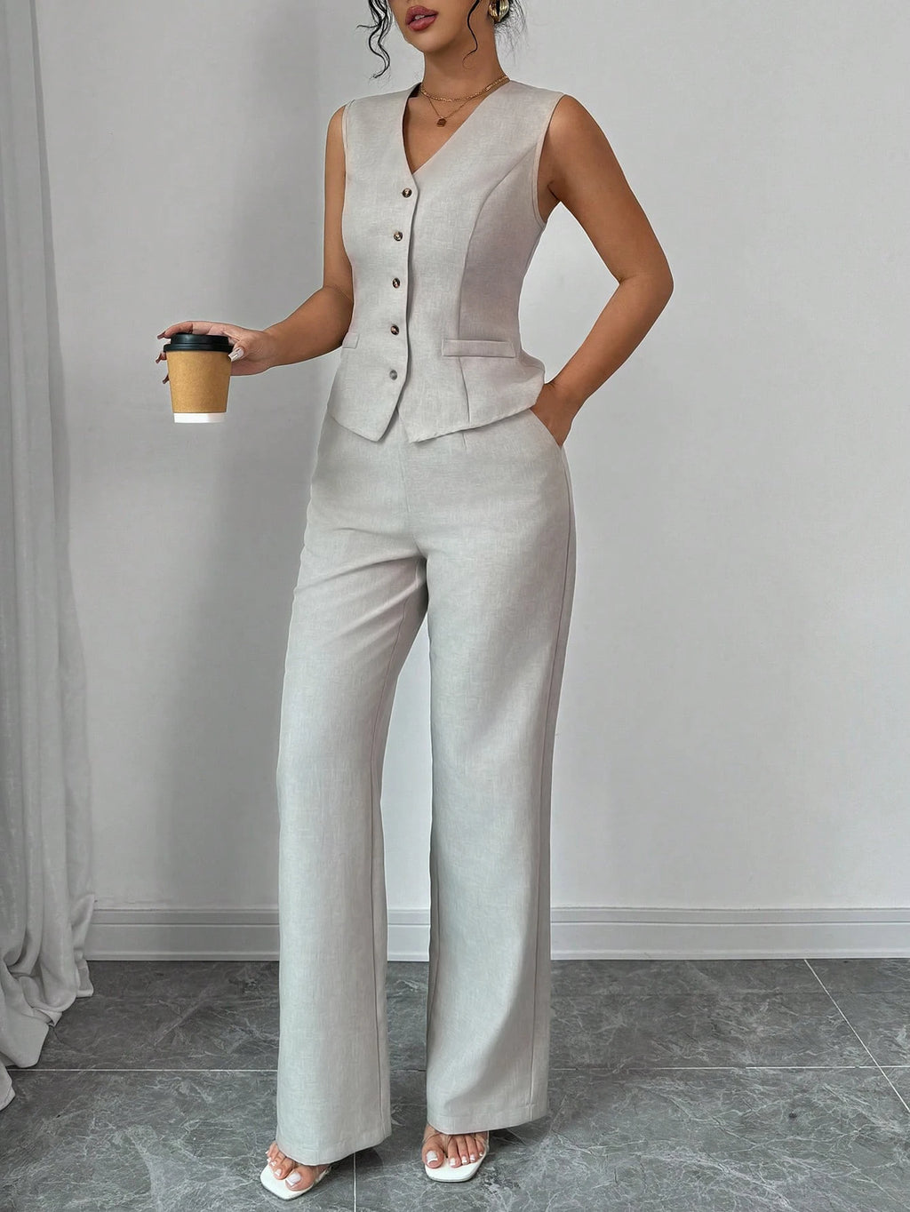 Spring Summer New Women Suit Two Piece Set Retro V Neck Single Breasted Waist Vest Wide Leg Pants Casual Commuter Outfit