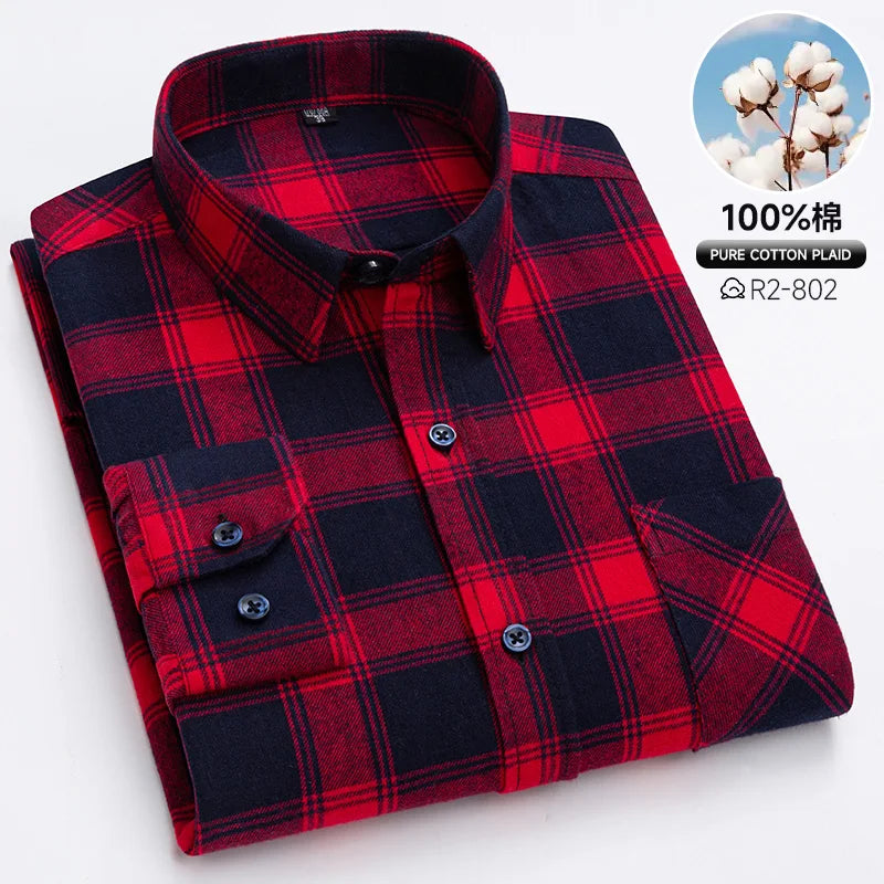 Pure Cotton Men's Plaid Shirts Long Sleeved Regular Fit Casual Office Fashion Shirts Leisure Autumn Male Check Blouses Plus Size