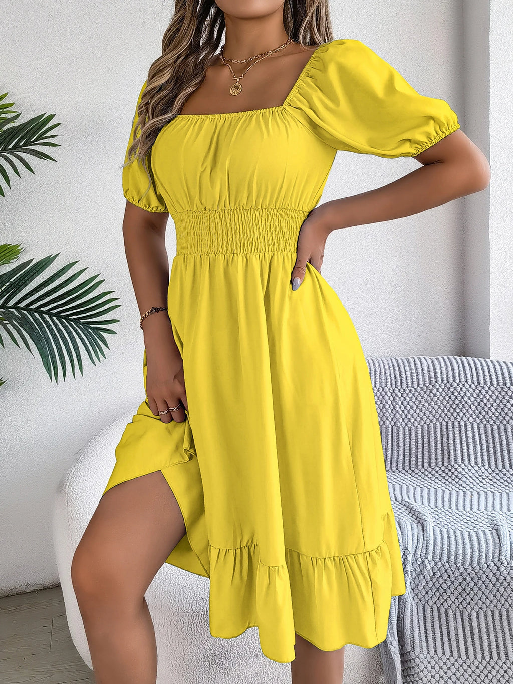 Spring Summer Elegant High Waisted Dress Square Neck Short Sleeved Ruffled Edge Long Dresses for Women 2026 Valentine's Day