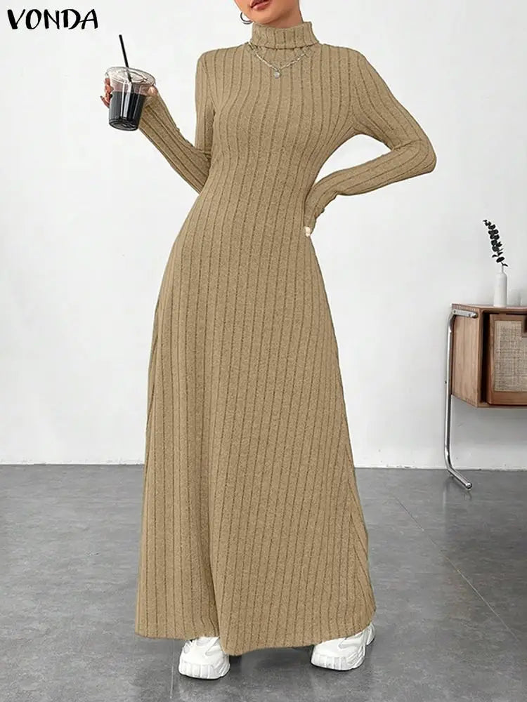 VONDA Women Turtleneck Sweater Dresses Autumn Long Sleeve Knitted Maxi Vestidos Elegant Office Streetwear Solid Party Robe Femme