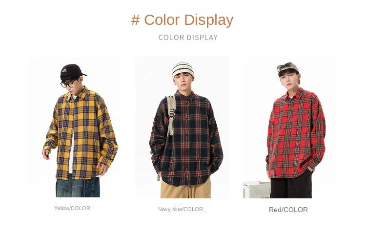 Plaid Shirt with Long Sleeves, Loose Fit, for Casual Men, Harajuku Style, Spring and Autumn Brushed Cotton Shirt.Oversized