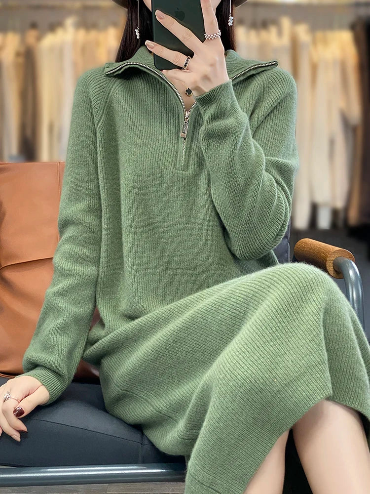 Thick Zipper Mock Neck Chic Elegant Soft Warm Striped Basic Comfort Women's  One-piece Dress 100% Merino Wool Exquisite Sweater