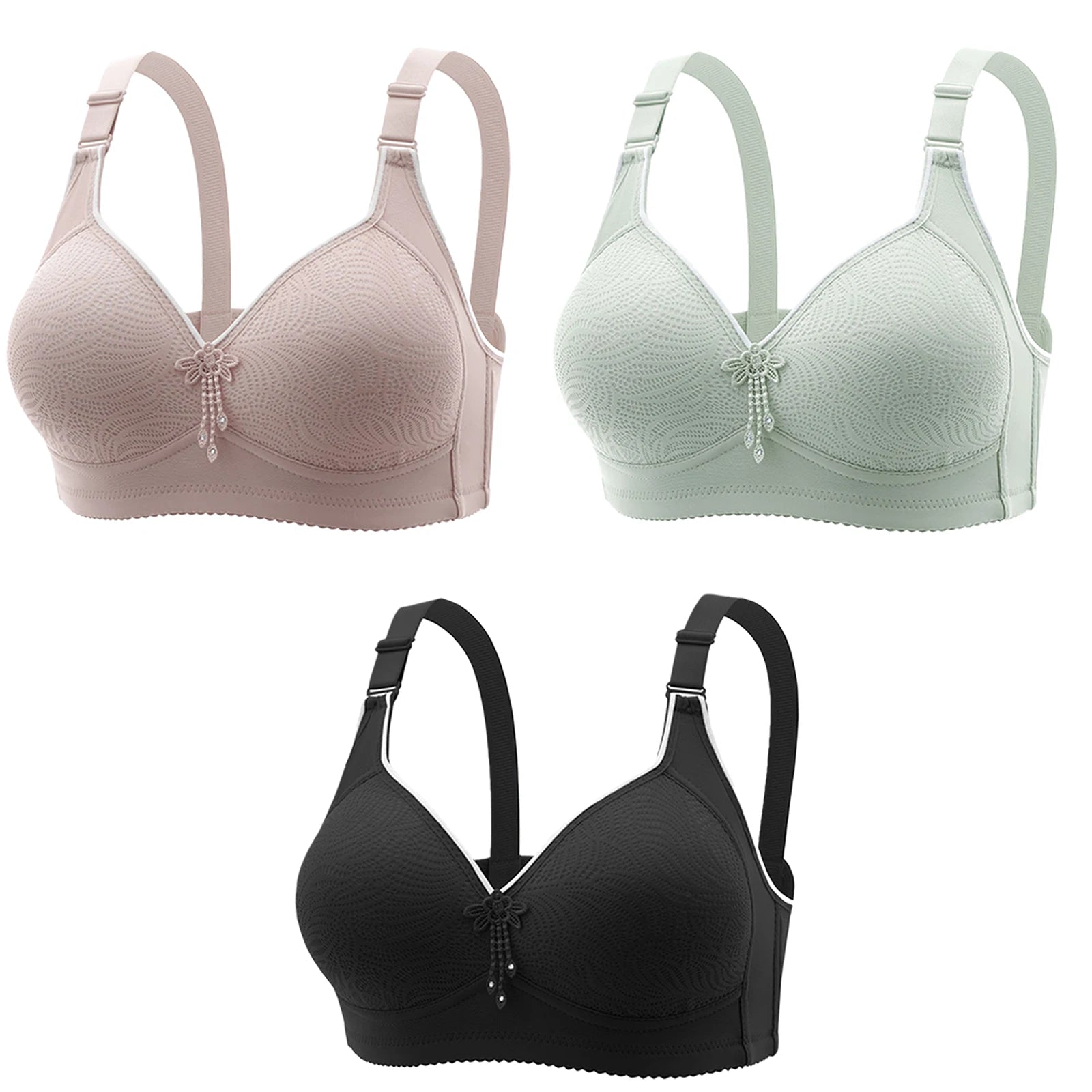 3pcs Women's Bra Lingerie - Appliques Jacquard Lightly Padded Push-Up, Adjustable Straps for Cup A B C D, Sexy Underwear