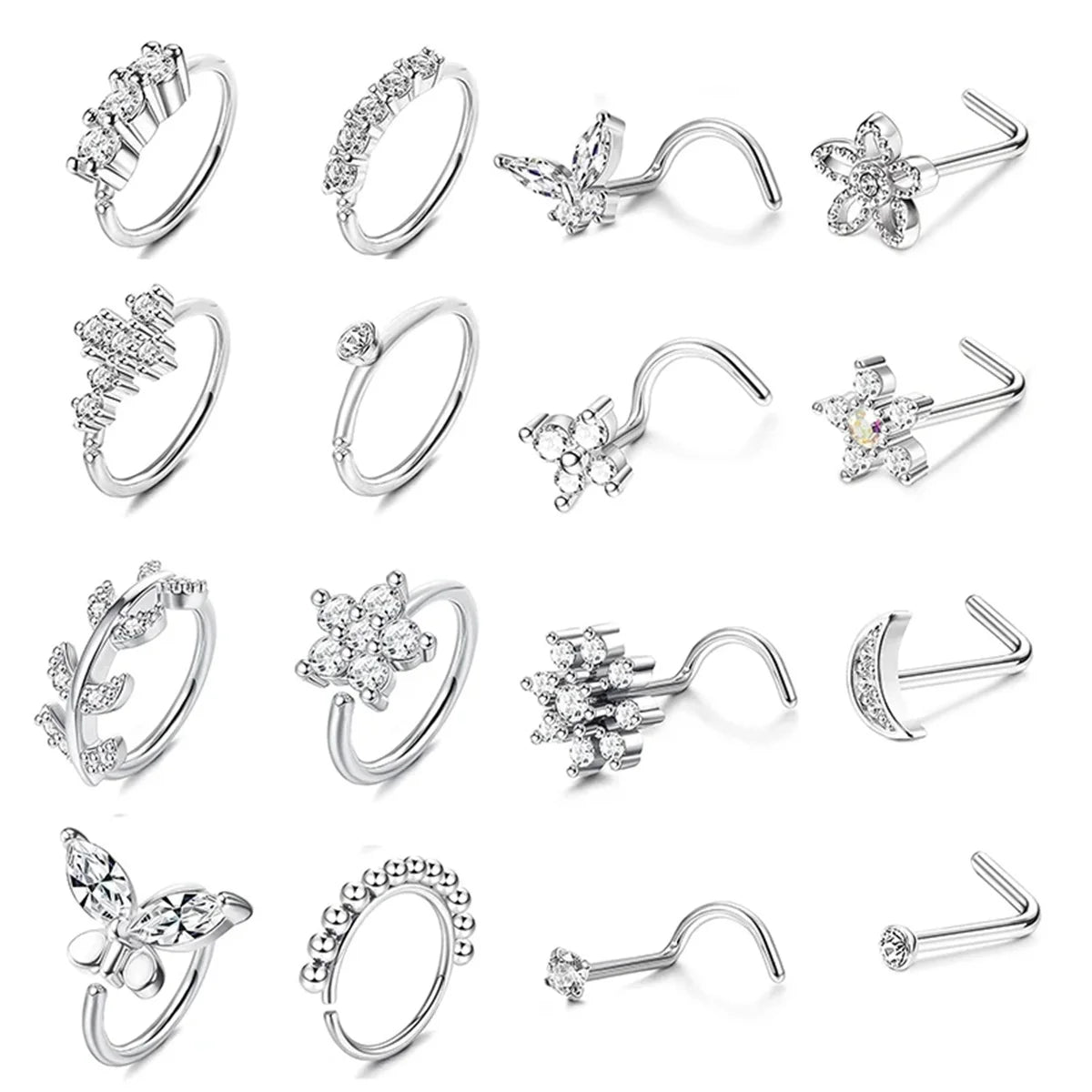 16Pcs 20G Flower Butterfly Nose Rings Hoops,Inlaid Shiny Zircon Nose Screw Nose Body Piercing Jewelry Decoration