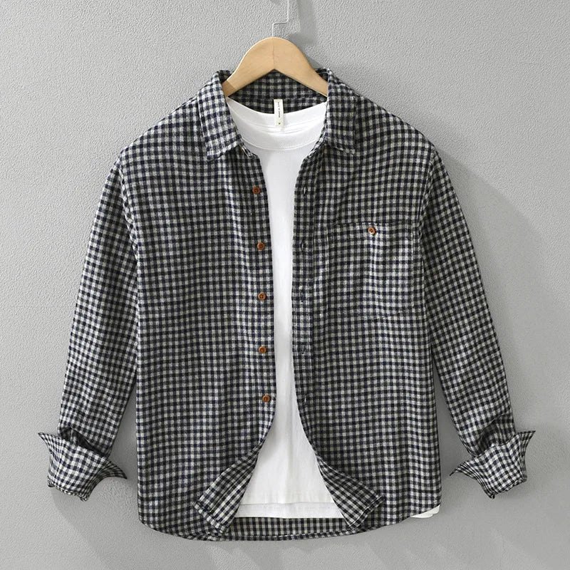 Vintage Plaid Long Sleeve Shirts for Men Clothing Trend Big Pockets Soft Men Shirts CM7390