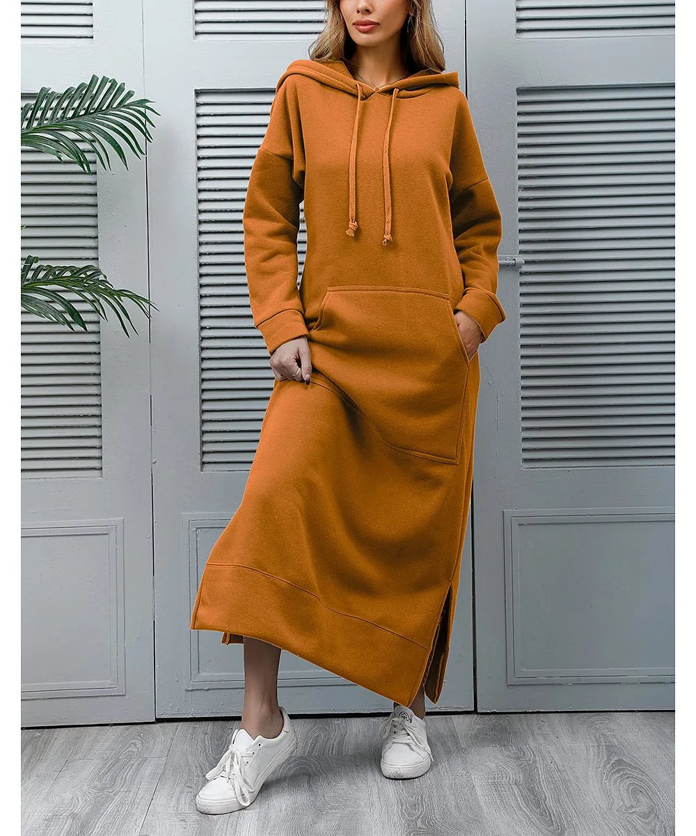 Autumn Winter New plus Size Loose Knitted Long Dress Hoodie Fleece Casual Fashion Dress Large Pocket Skirt Elegant Commute