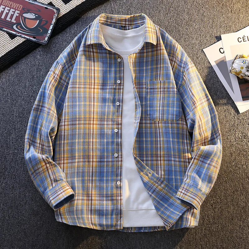 High-quality, fashionable, stylish, versatile and trendy men's checked long-sleeved shirt for autumn banquets and casual wear
