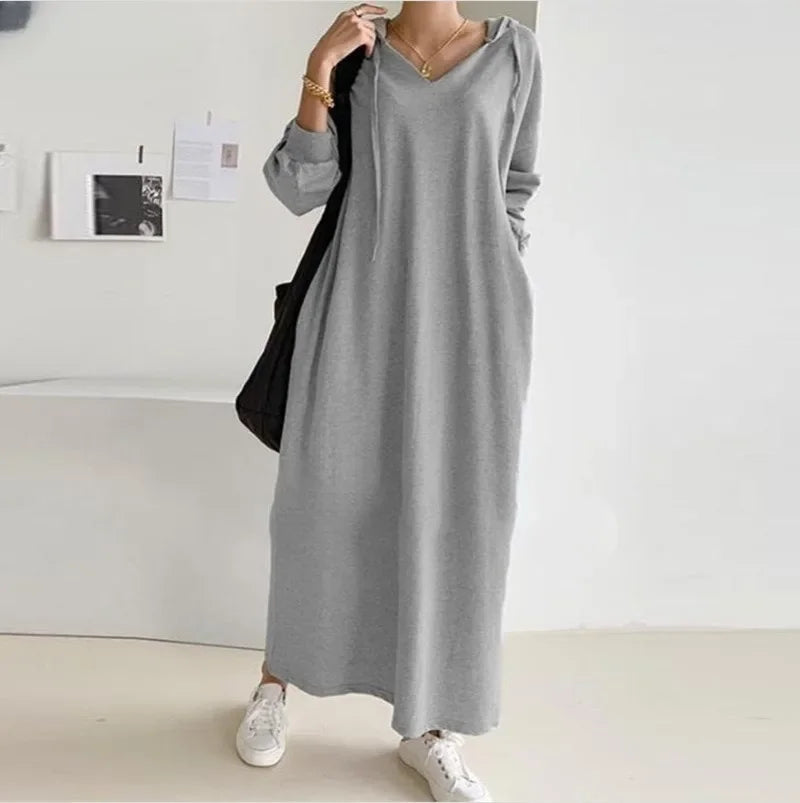 Autumn Women's Dress 2024 New Fashion Simple Retro Hooded Dress Sweatshirt Winter Long Sleeve Pocket Solid Hooded Robe