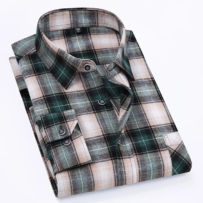 Men's 100% Pure Cotton Flannel Soft Regular-fit Long Sleeve Brushed Shirt Single Pocket Comfortable Casual Plaid Shirts 11XL-9XL