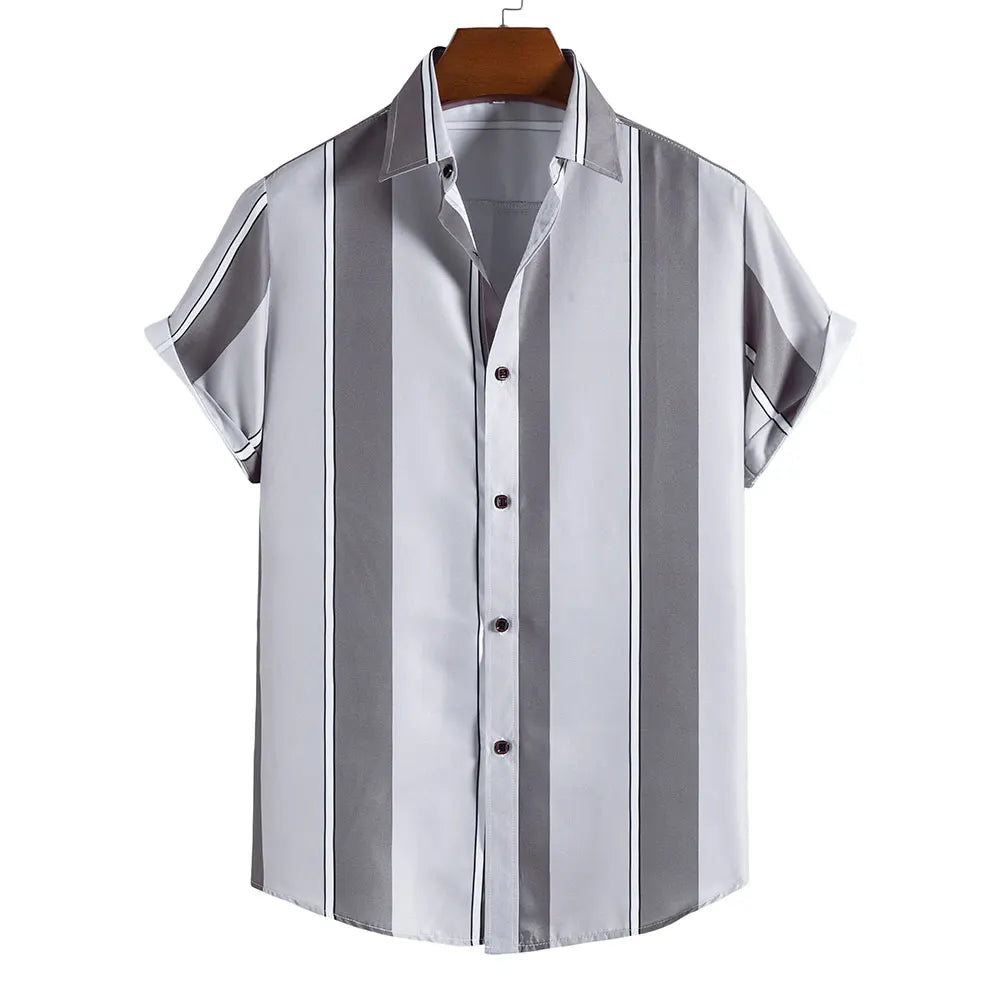 Men's Hawaiian Shirt Summer Stripes Print Short Sleeve Top Tees Fashion Casual Social Shirts Lapel Button Oversized Men Clothing
