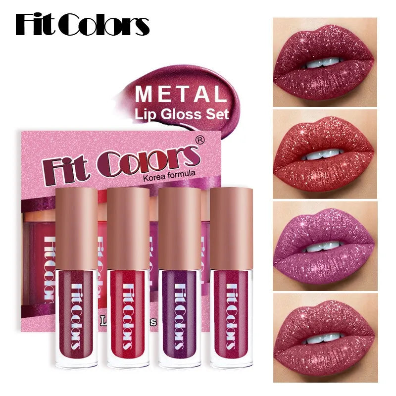 Fit Colors Velvet Lip Gloss Set — 4-Piece Non-Transfer, Diamond Finish, Long-Lasting Lip Gloss Collection