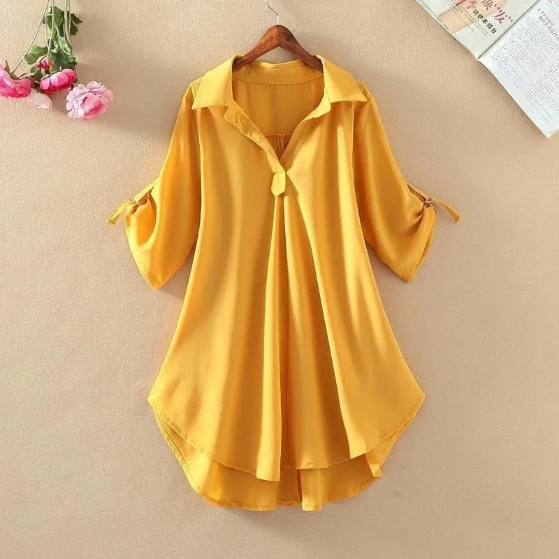 Women's Slimming Chiffon Top 2024 Summer New Style Medium-Length Short Sleeves Plus Size Loose-Fit Waist-Fitted Shirt