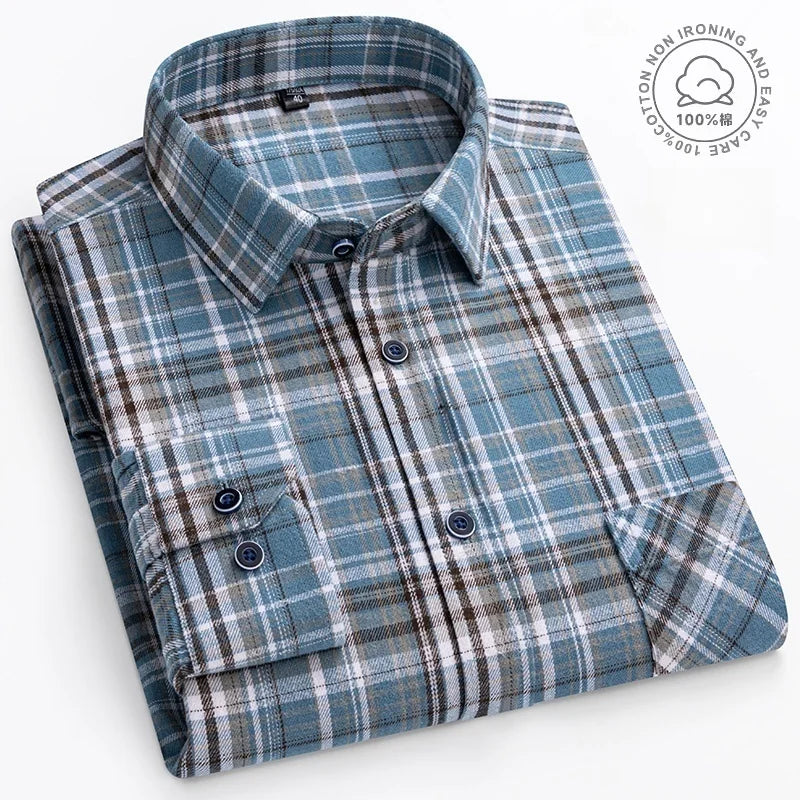 Plaid Flannel Shirts For Men Long Sleeve 100%Cotton Fashion Casual Soft Standard-Fit Man Blouse Clothes Oversize Men's clothing